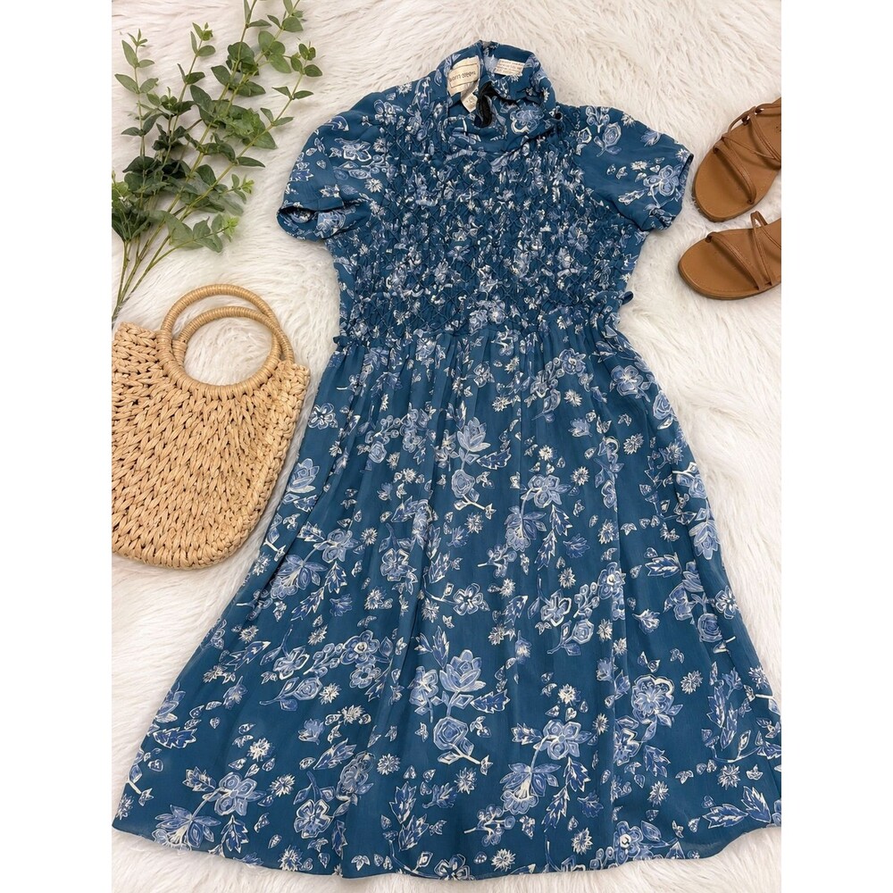 Karin Stevens Womens 14 Teal Blue Floral Smocked Maxi Dress Rayon Short Sleeve